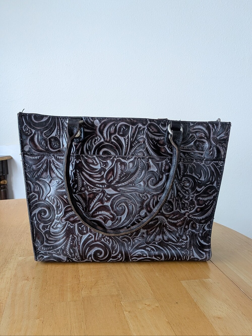 Vintage Patricia Nash TOOLED Grey Black Leather TOTE Shoulder Bag